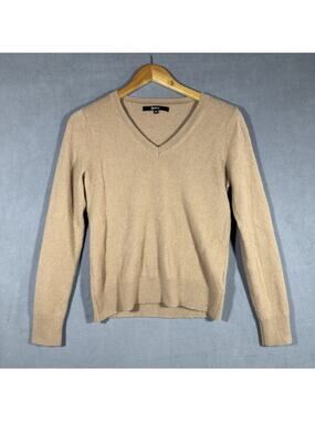 Quince V-Neck Sweater Women M Camel Tan 100% Cashmere Long Sleeve Minimalist